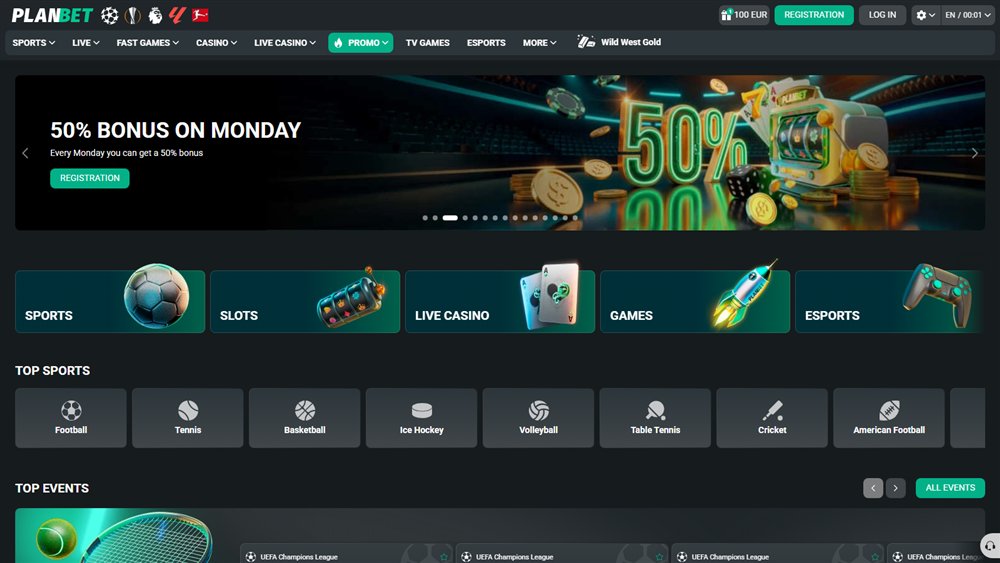 PlanBet Casino home page with the 50% Monday bonus banner and the Sports, Slots, Live Casino, Games and Esports tiles