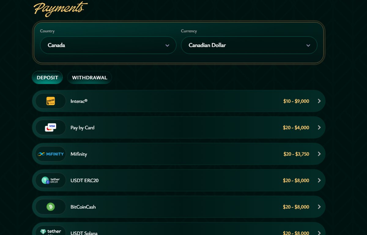 Cashed deposit methods for Canada with Pay by Card from C$20 to C$4,000 beside Interac and MiFinity
