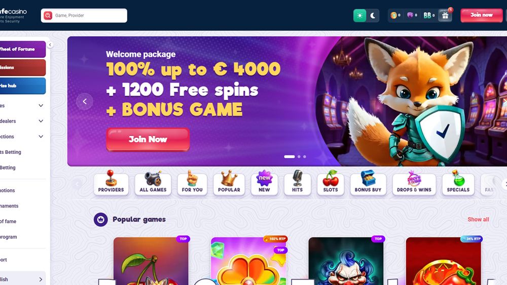 Safecasino home page with the welcome package banner, the fox mascot holding the Safecasino shield and the lobby category chips