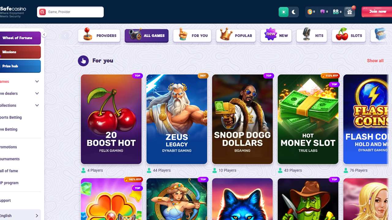 Safecasino lobby For You row with 20 Boost Hot, Zeus Legacy, Snoop Dogg Dollars, Hot Money Slot and Flash Coins, each showing its current player count
