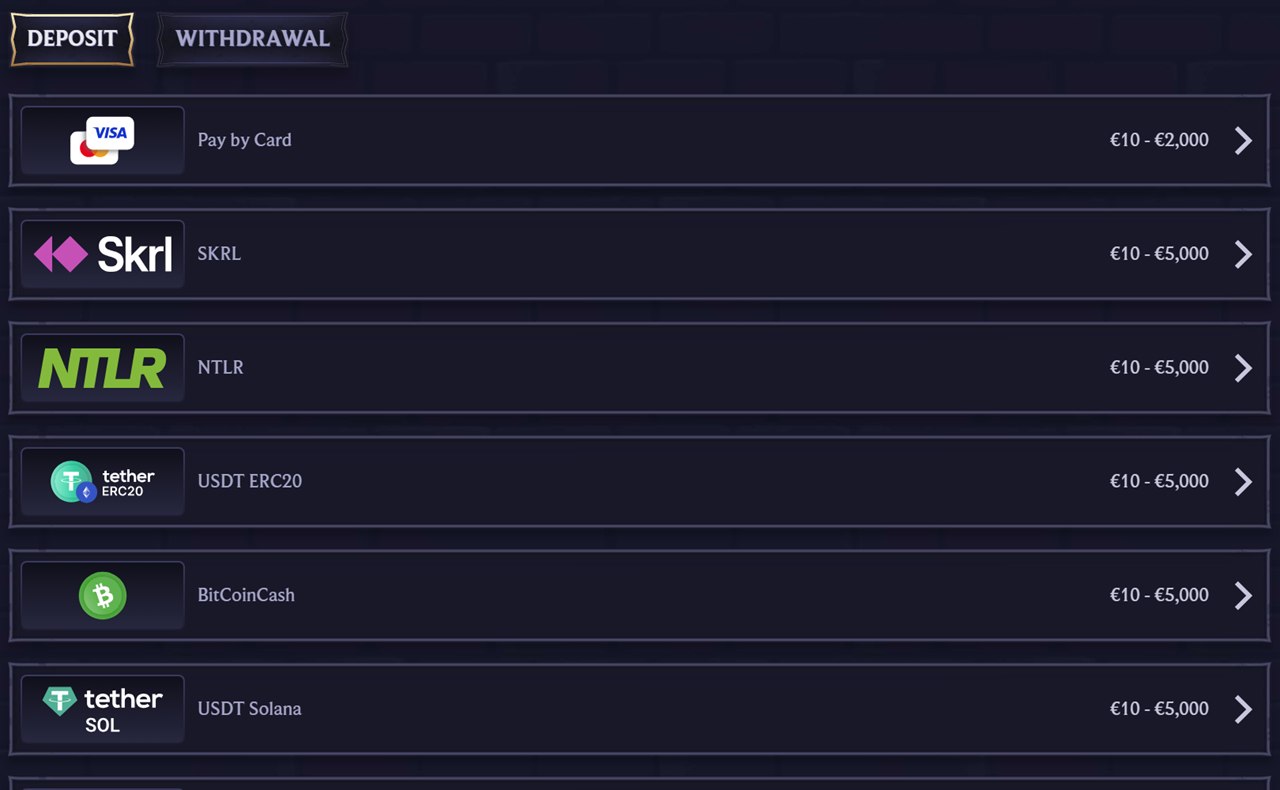 LolaJack payments page showing deposit options including Pay by Card, Skrill, NTLR and crypto coins