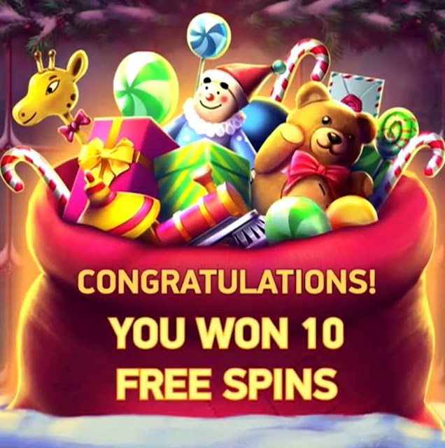 A toy sack announcing ten free spins in Secrets of Christmas
