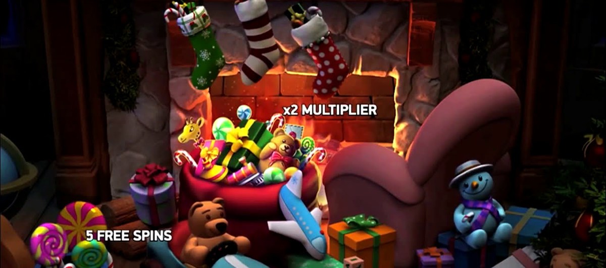 Gift pick stage of the Secrets of Christmas slot Canada bonus, with stockings over the fireplace and an x2 multiplier revealed