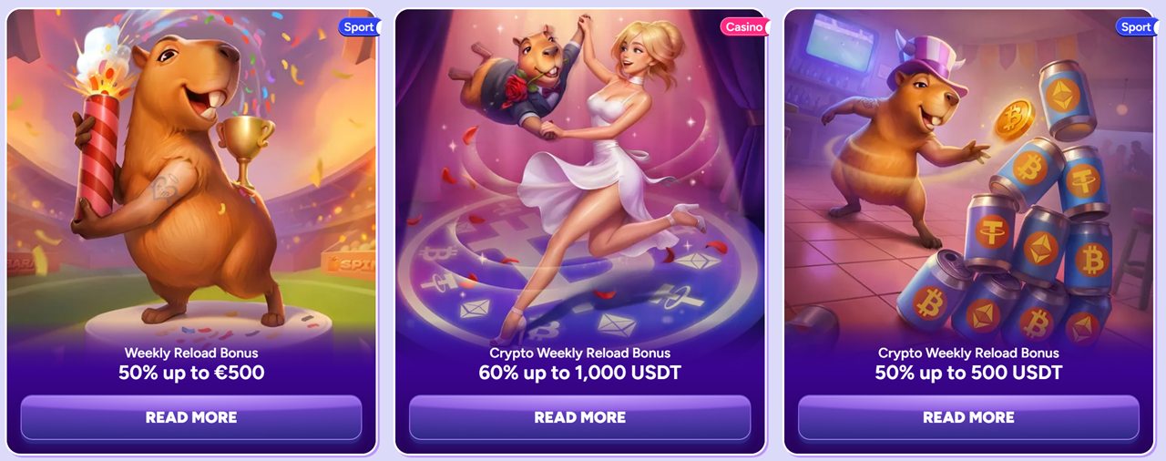 Shiba Inu casino Canada crypto options: Spinbara promotions page with USDT reload bonus cards