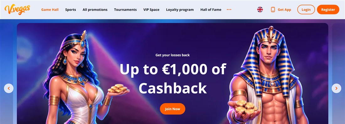 A casino home page with Login and Register buttons and a cashback banner: a Register button alone is not a sign up bonus no deposit Canada deal