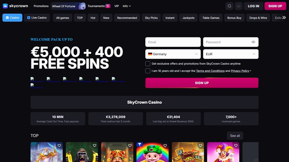SkyCrown Casino lobby with the welcome pack banner and sign-up form, from the page our link opens