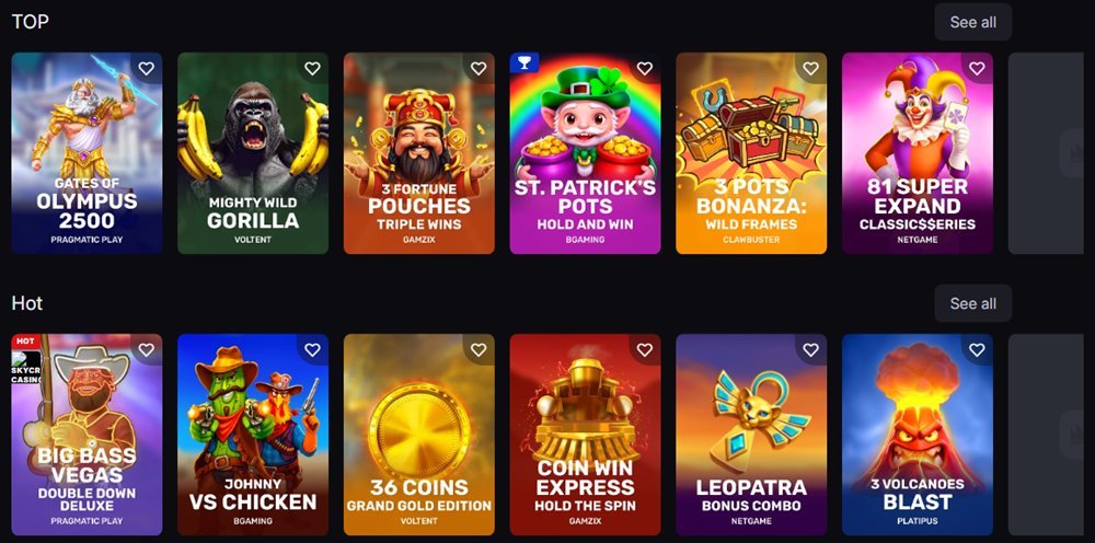 Top and Hot game rows in the SkyCrown Casino lobby