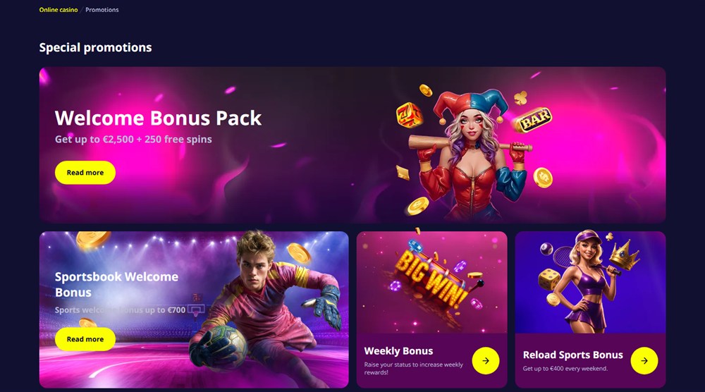 Slotoro Casino promotions page with the welcome pack and sports bonuses