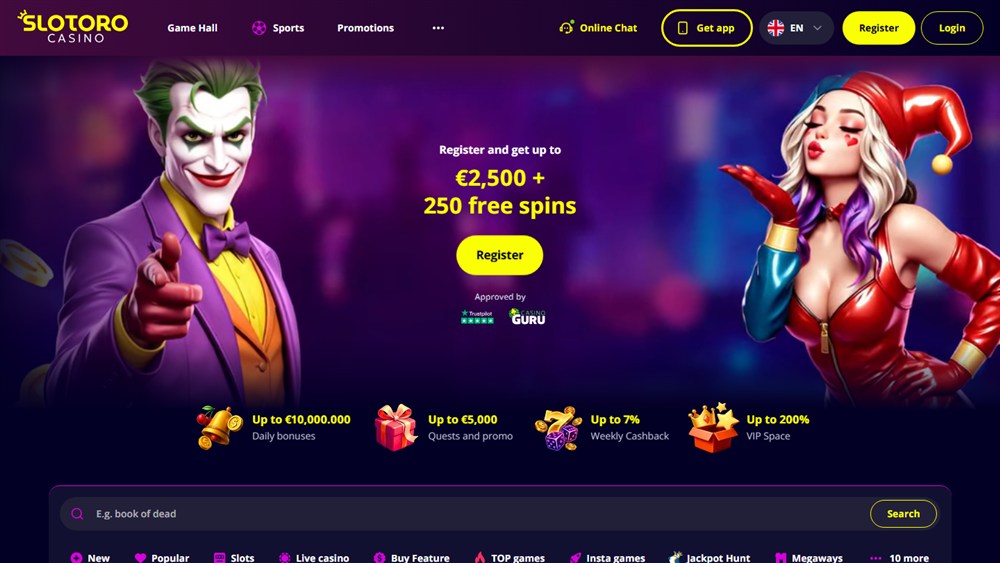 Slotoro Casino home page with the welcome offer banner