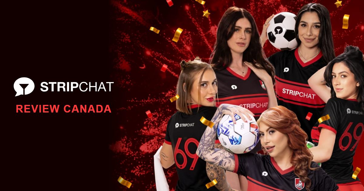 Stripchat creators in branded football jerseys beside the Stripchat logo, for this Stripchat review Canada