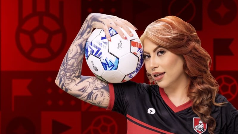 Creator in a Stripchat football jersey holding a ball, from the Stripchat blog, for this Stripchat review Canada
