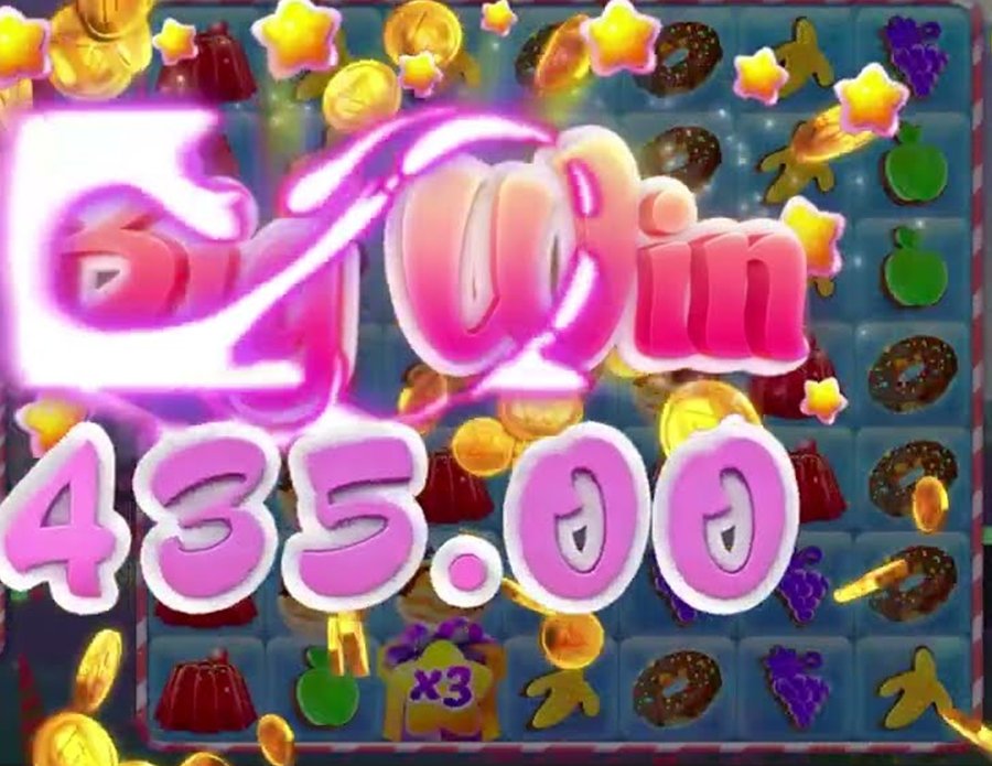 Big win banner over a Sugar Drop cascade with an x3 multiplier