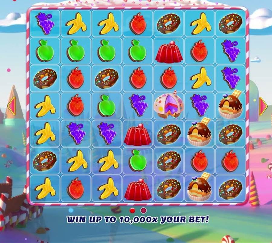 Sugar Drop slot Canada 7x7 grid of fruit and sweets with the win up to 10,000x your bet message