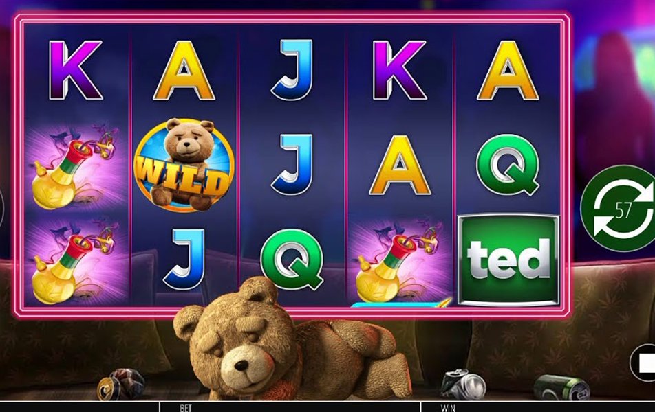 Ted slot reels with a Ted wild, the Ted logo symbol and the bear in front