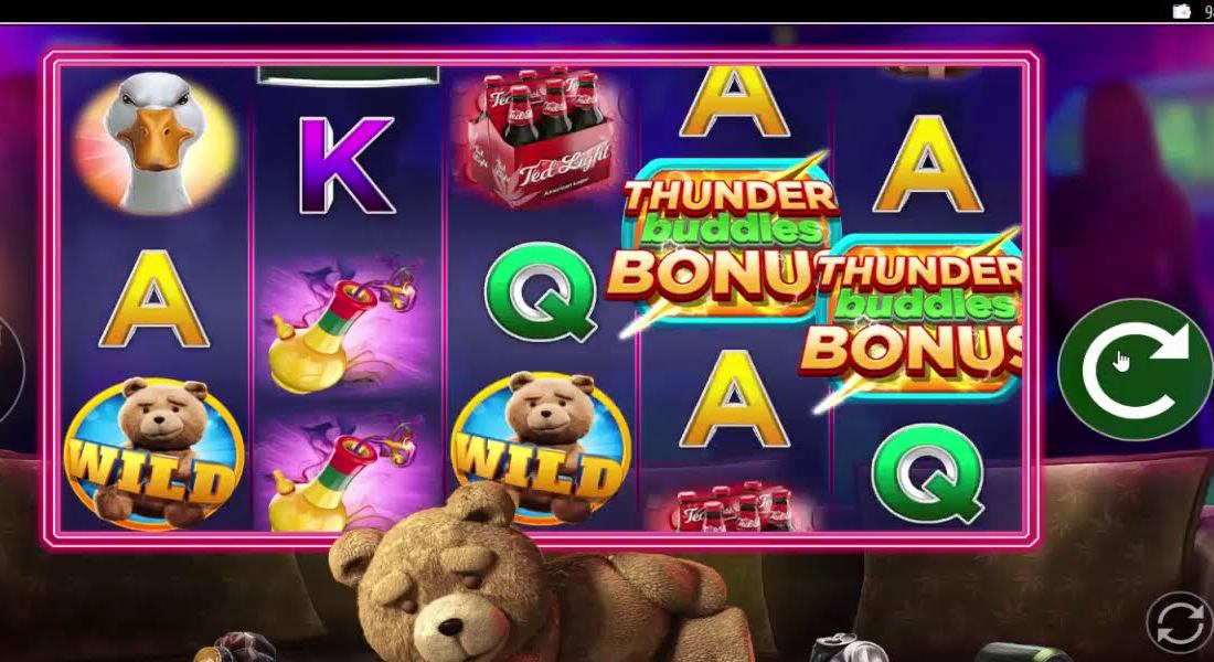 Ted slot Canada reels with Thunder Buddies bonus symbols, Ted wilds and the bear on the sofa