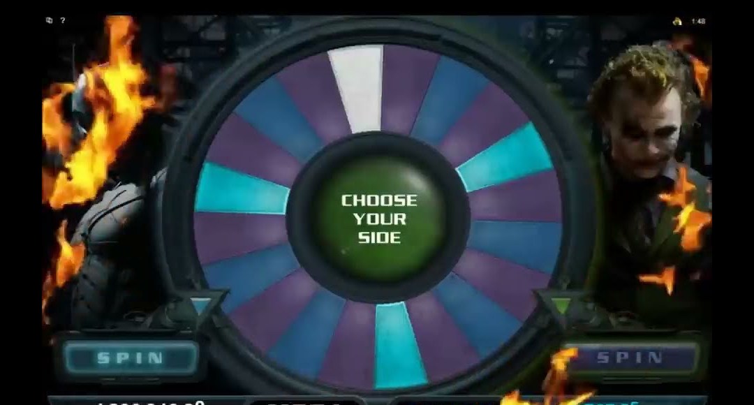 The Dark Knight slot Canada jackpot wheel with The Joker and the choose your side button