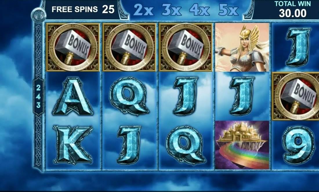 Thor level free spins on Thunderstruck II with the 2x to 5x multiplier bar and hammer scatters