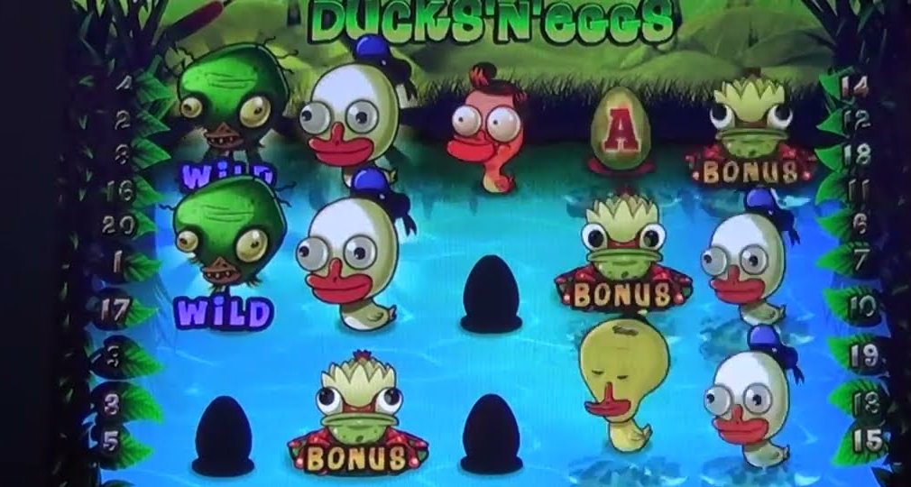 Ducks N Eggs, an older TopGame slot with wild and bonus symbols on a pond