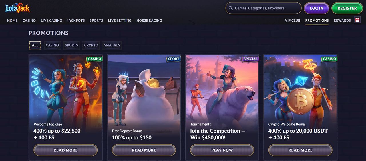 Tron casino Canada: LolaJack promotions page with a Crypto tab and a Crypto Welcome Bonus paid in USDT