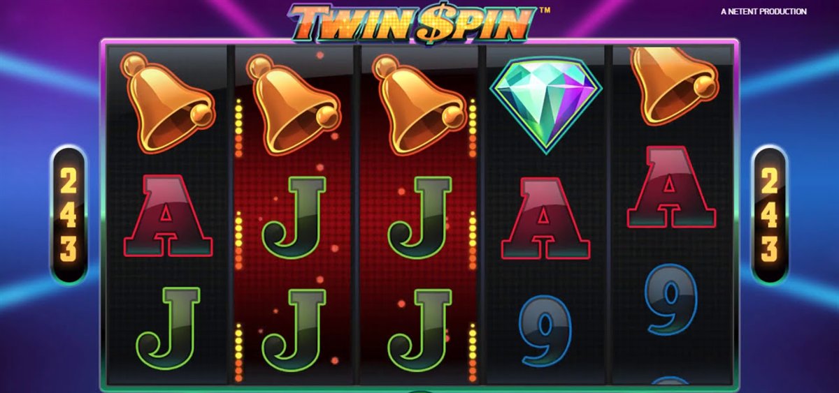 Linked twin reels glowing red on the Twin Spin slot Canada grid with bells, a diamond and card symbols