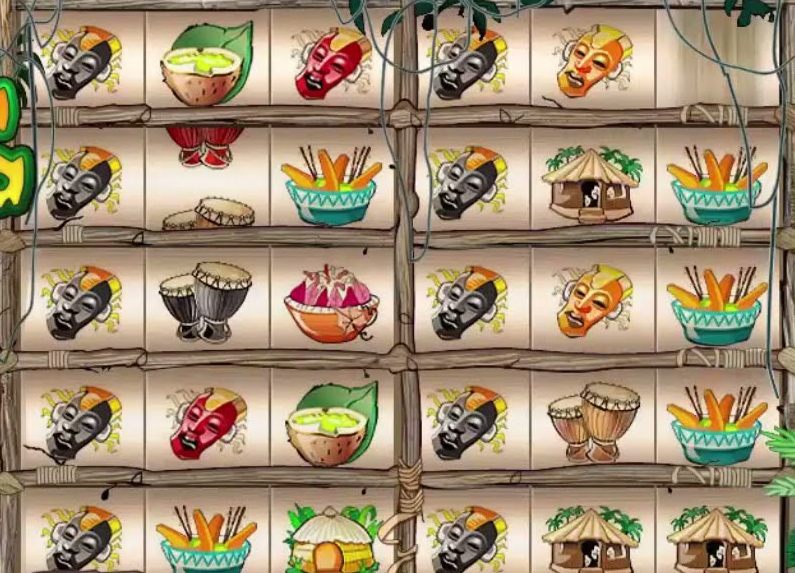 Masks, drums, huts and fruit bowls across the ten hands of the Ugga Bugga slot Canada screen