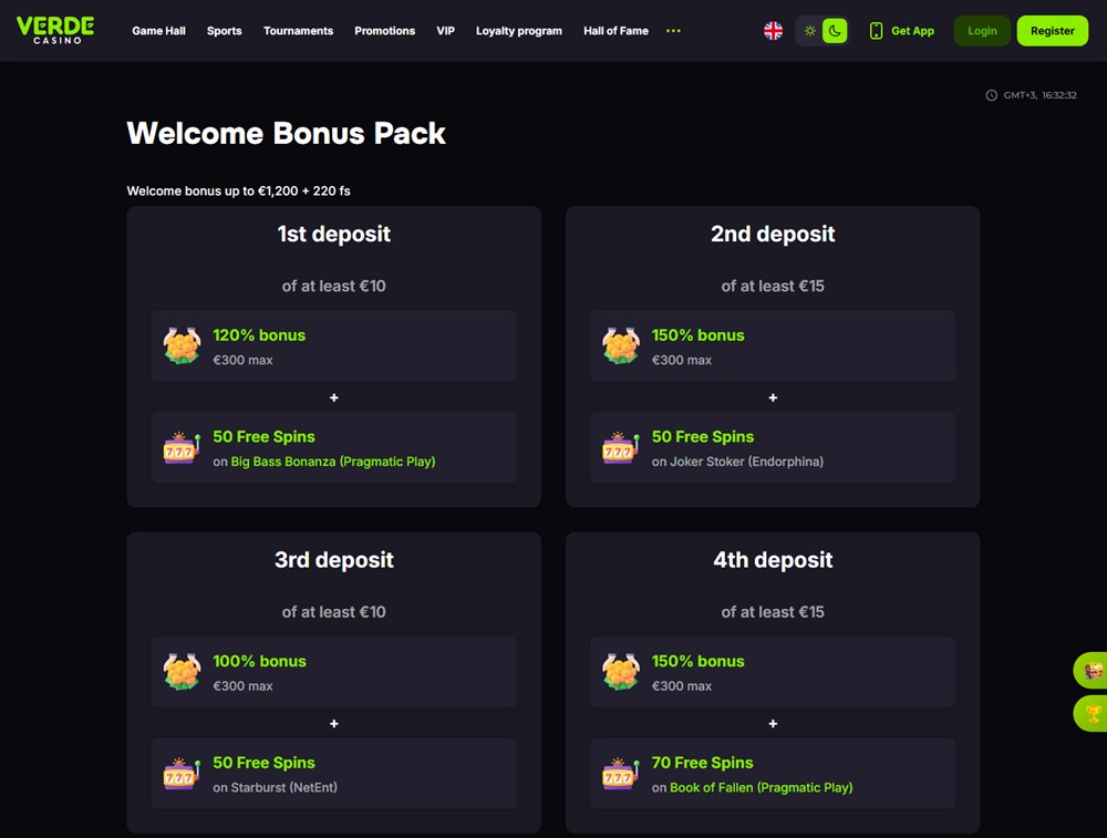 Verde Casino welcome bonus pack page with the four deposit steps
