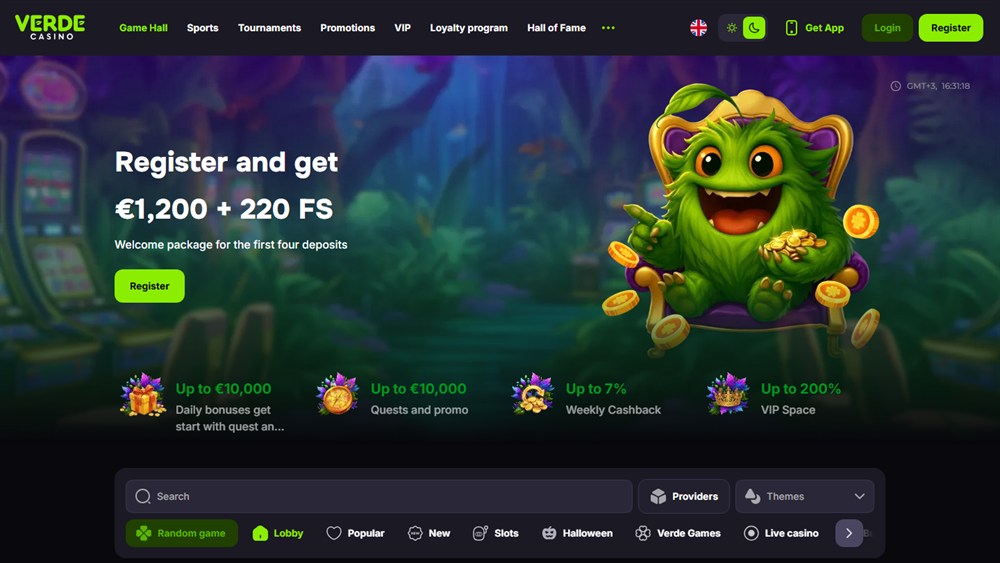 Verde Casino home page with the welcome package banner and reward tiles
