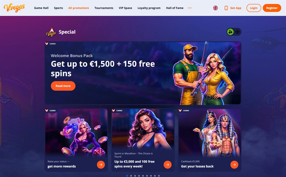 V.Vegas Casino promotions page with the welcome bonus pack and weekly offers