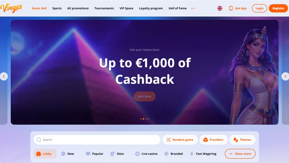 V.Vegas Casino home page with the cashback banner and game tabs