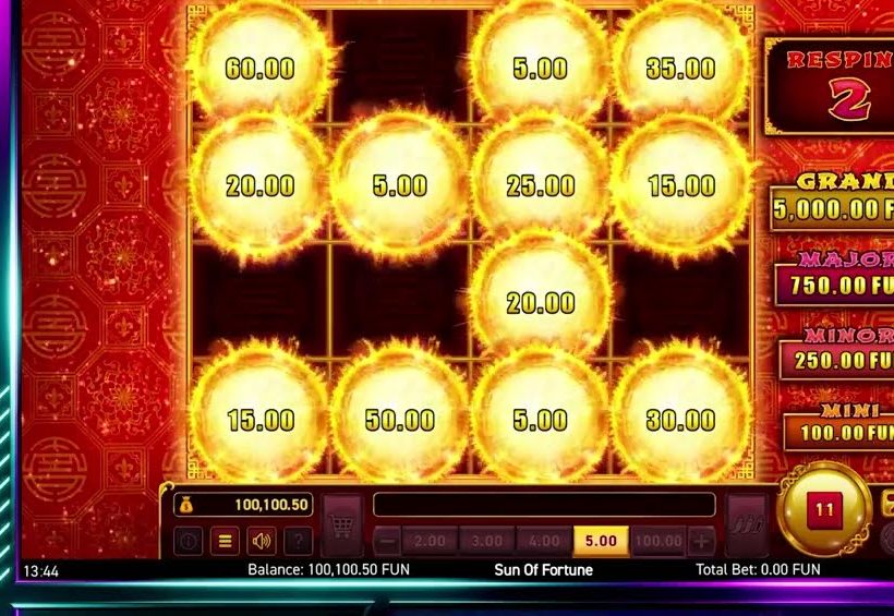 Hold the Jackpot respins on Sun of Fortune with value coins locked on the grid