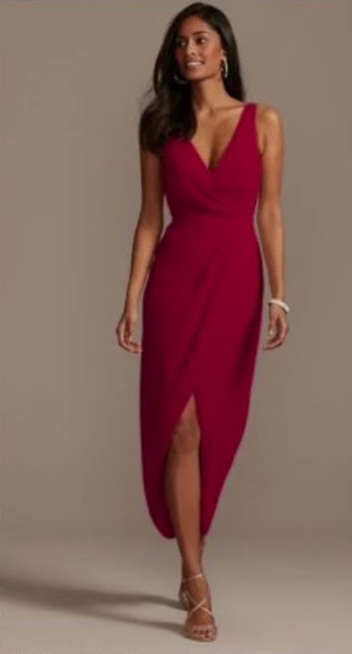 Red wrap midi dress, a typical cocktail attire outfit