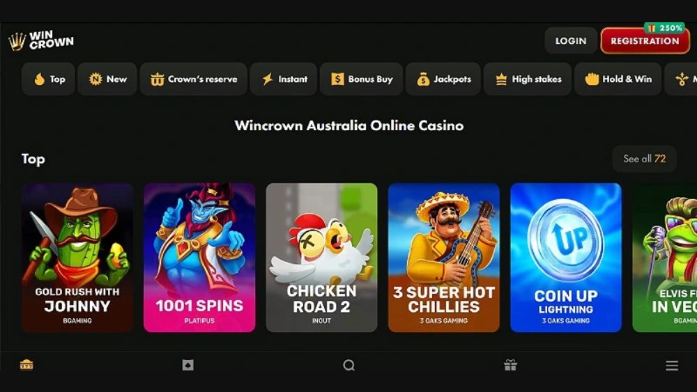 WinCrown Casino lobby with the Win Crown logo, game tabs and top games, screenshot published by NewGameNetwork