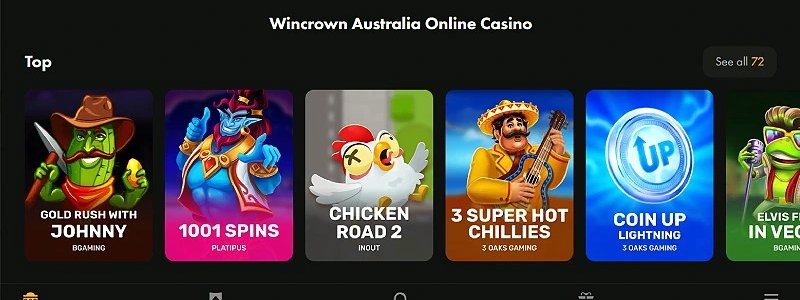 Top games row in the WinCrown Casino lobby, screenshot published by NewGameNetwork