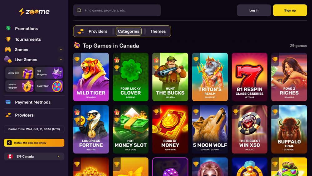 Zoome Casino lobby showing the Top Games in Canada page