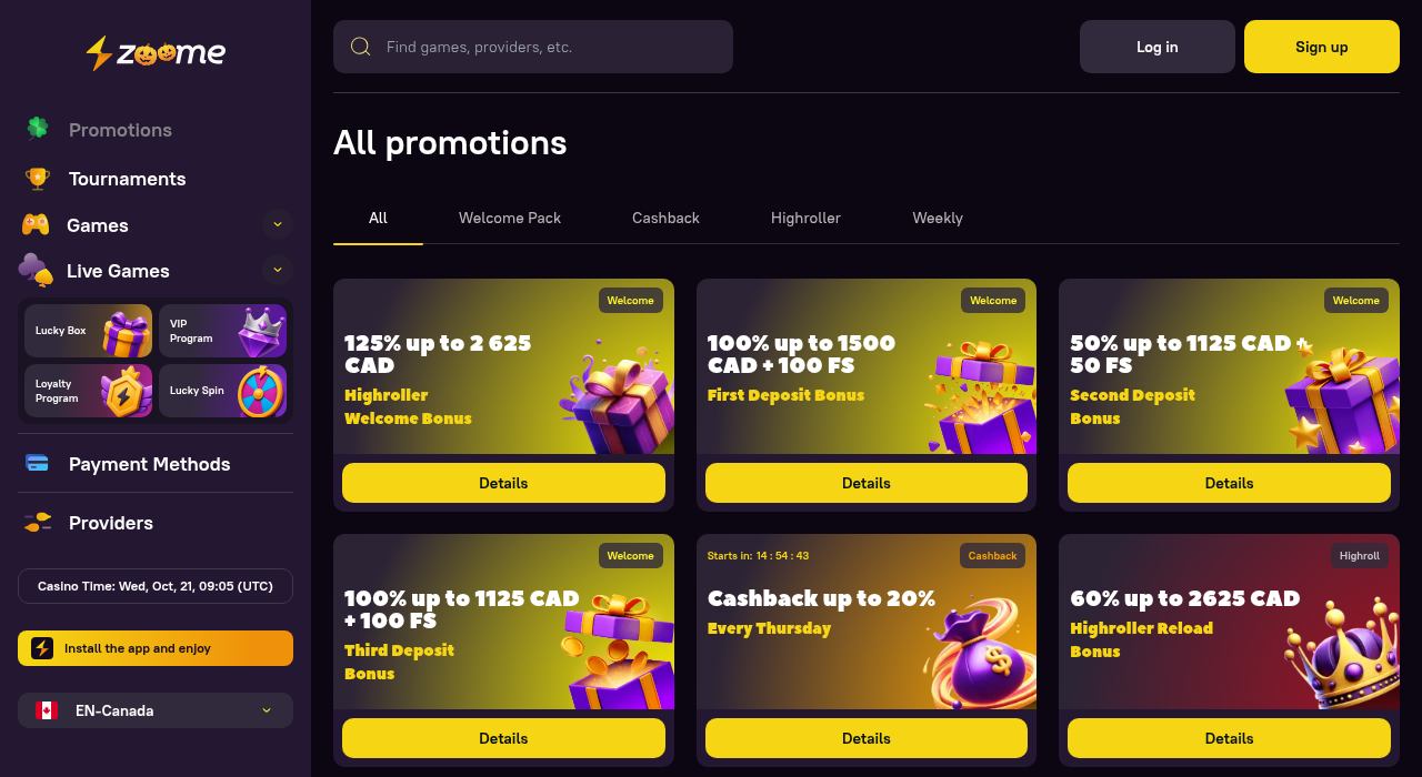 Zoome Casino promotions page with the three-step welcome pack and Thursday cashback