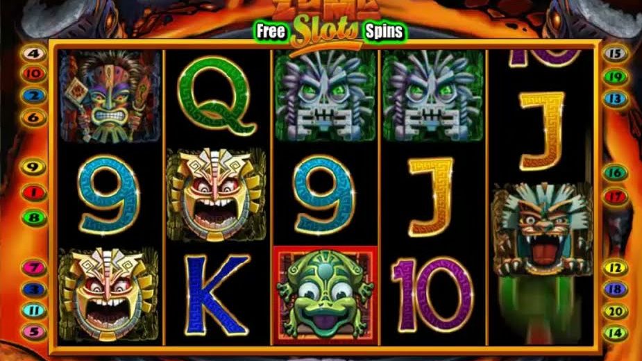 Zuma reels with tiki masks, the frog symbol and card royals