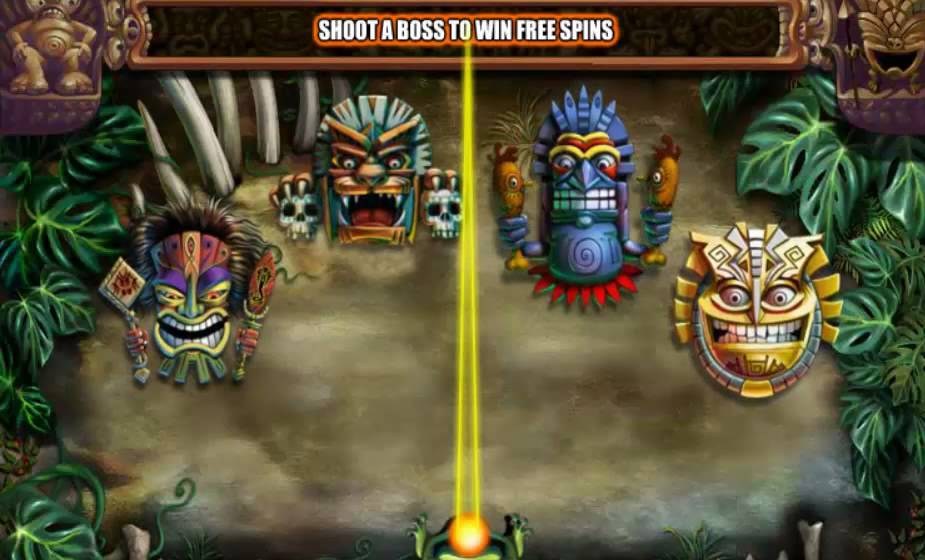 Shoot a boss screen with tiki masks and the frog shooter in the Zuma slot Canada game